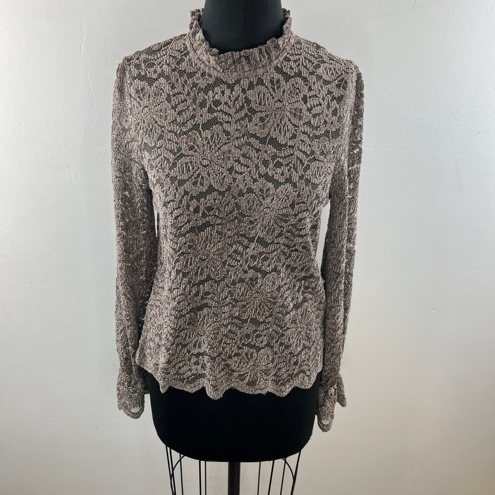 Eri+Ali Brown Blouse Floral Lace Cropped Mock Neck Keyhole Formal Size Small S - Picture 2 of 6